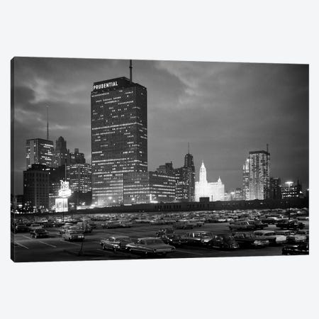 1960s Night Skyline Of Prudential Building And Brightly Lit Wrigley Building From Monroe Drive Chicago Illinois USA Canvas Print #VTG820} by Vintage Images Canvas Wall Art