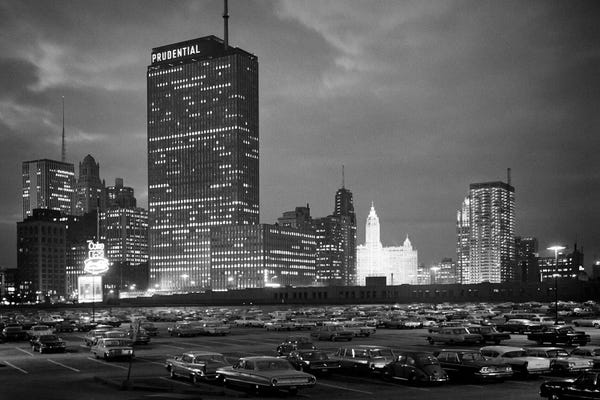Fine Art Print: 1960s Night Skyline Of Prudential Building And Brightly Lit Wrigley Building From Monroe Drive Chicago Illinois USA by Vintage Images