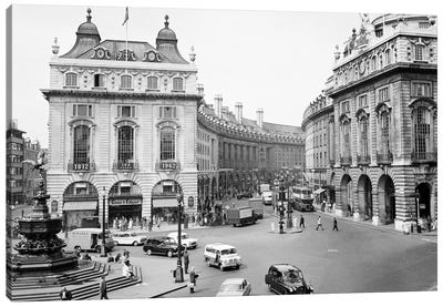 1960s Pedestrians And Cars Moving Around Piccadilly Circus 1819 With A View To The Regent Street Quadrant London England Canvas Art Print - Fountain Art