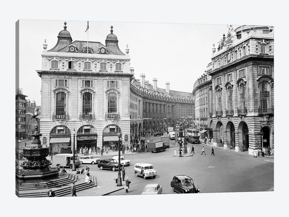 1960s Pedestrians And Cars Moving Around Piccadilly Circus 1819 With A View To The Regent Street Quadrant London England by Vintage Images 1-piece Canvas Art
