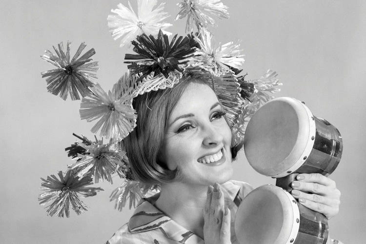 1960s Smiling Woman Wearing Goofy Straw Hat Playing Bongo Drums