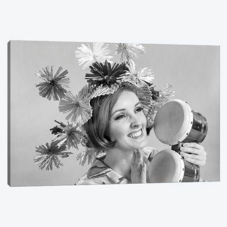 1960s Smiling Woman Wearing Goofy Straw Hat Playing Bongo Drums Canvas Print #VTG823} by Vintage Images Canvas Art