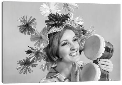 1960s Smiling Woman Wearing Goofy Straw Hat Playing Bongo Drums Canvas Art Print - Vintage Images