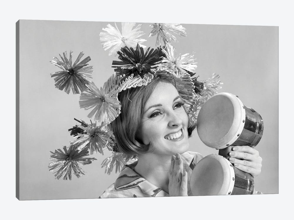 1960s Smiling Woman Wearing Goofy Straw Hat Playing Bongo Drums by Vintage Images 1-piece Canvas Artwork