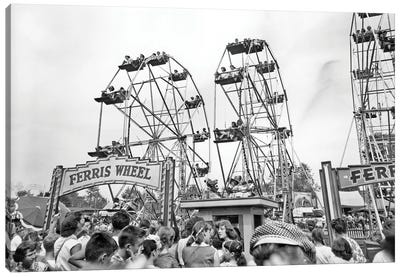 1960s Teens Lined Up At Ticket Both To Ride On One Of Three Ferris Wheels At County Fair Canvas Art Print - Ferris Wheels