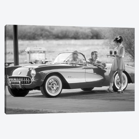 1980s 1990s Carhop On Roller Skates Serving Drinks To Couple In Old Corvette Convertible At 1950s Style Drive-In Restaurant Canvas Print #VTG826} by Vintage Images Art Print