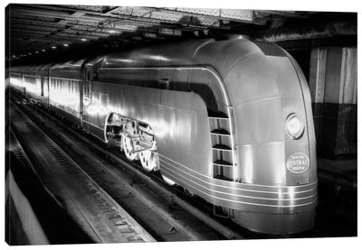 1930s Angled View Of New York Central Railroad Streamlined Mercury Passenger Train Steam Engine Canvas Art Print - Vintage & Retro Photography