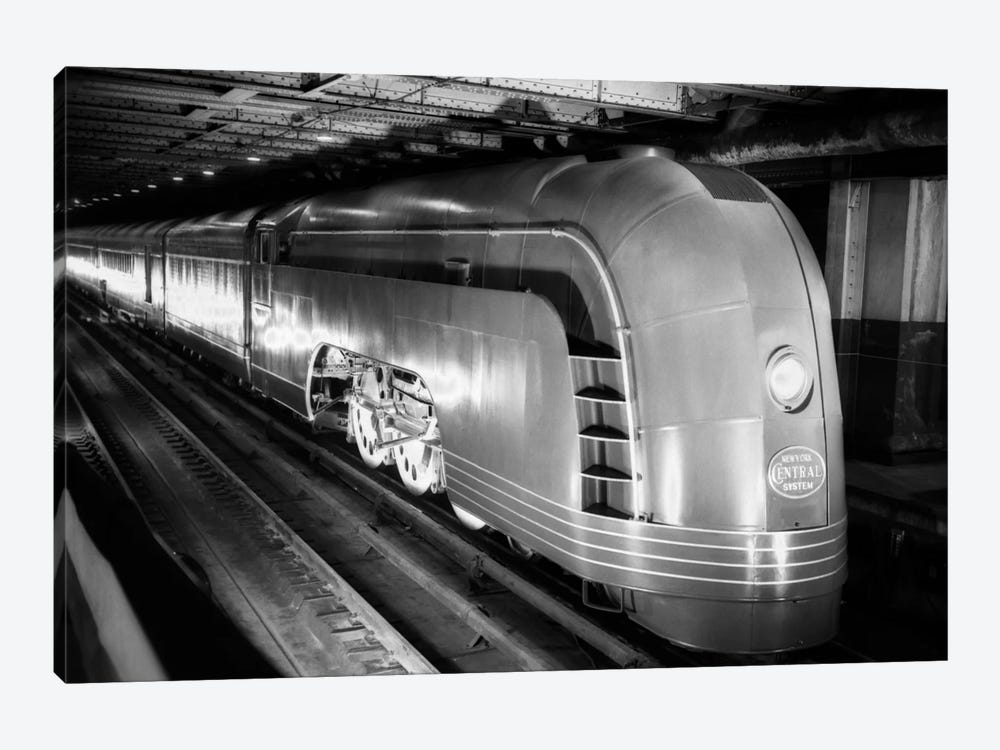1930s Angled View Of New York Central Railroad Streamlined Mercury Passenger Train Steam Engine by Vintage Images 1-piece Canvas Artwork