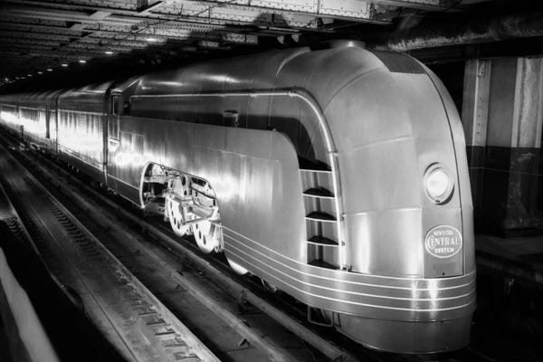 Trains: 1930s Angled View Of New York Central Railroad Streamlined Mercury Passenger Train Steam Engine by Vintage Images