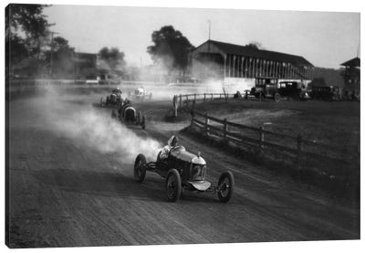 1930s Auto Race On Dirt Track With Cars Going Around Turn Kicking Up Dust Canvas Art Print - Vintage & Retro Photography