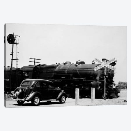 1930s Automobile Stopped At Railroad Grade Crossing With Steam Engine Speeding By Canvas Print #VTG84} by Vintage Images Canvas Print
