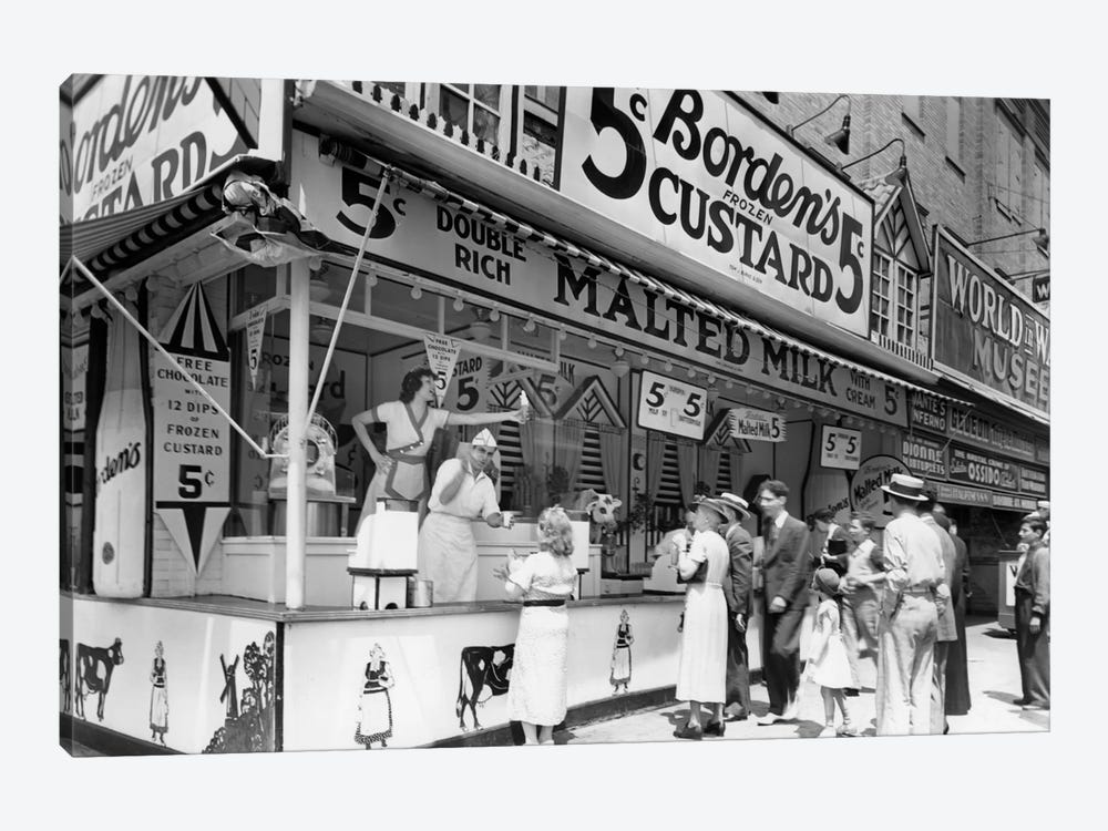 1930s Borden's 5 Cent Frozen Custard Cone Stand On Coney Island New York City NY USA by Vintage Images 1-piece Canvas Wall Art