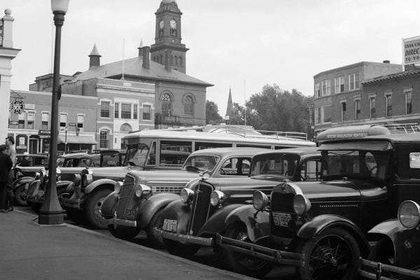 New Hampshire: 1930s Buses Cars Parked Small Town Square Claremont New Hampshire USA by Vintage Images