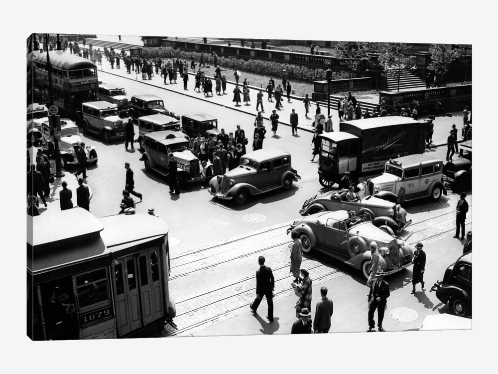 1930s Busy Intersection Fifth Avenue And 42nd Street With Traffic Jam & Many Pedestrians New York City USA by Vintage Images 1-piece Canvas Wall Art