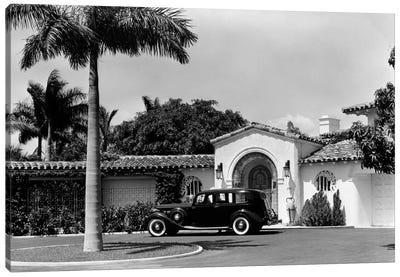 1930s Car In Circular Driveway Of Tropical Stucco Spanish Style Home In Sunset Islands Miami Beach Florida USA Canvas Art Print - Miami Art