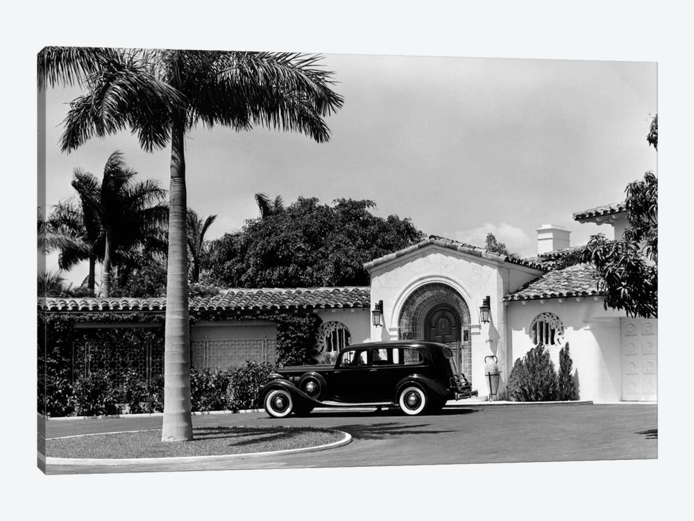 1930s Car In Circular Driveway Of Tropical Stucco Spanish Style Home In Sunset Islands Miami Beach Florida USA by Vintage Images 1-piece Art Print