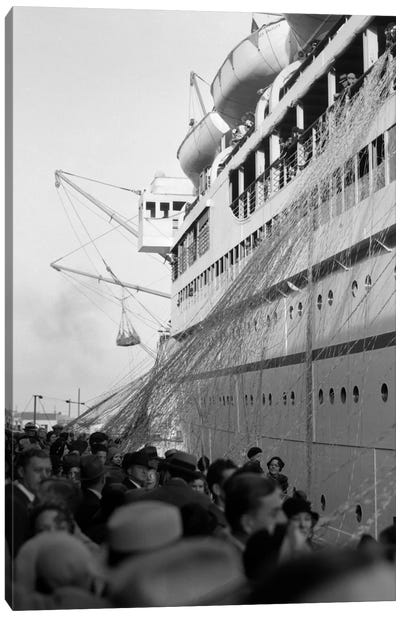 1930s Crowd Of People On Pier Wishing Bon Voyage To Sailing Traveling Passengers On Ocean Liner Cruise Ship Canvas Art Print - Cruise Ship Art