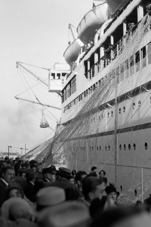 1930s Crowd Of People On Pier Wishing Bon Voyage To Sailing Traveling Passengers On Ocean Liner Cruise Ship