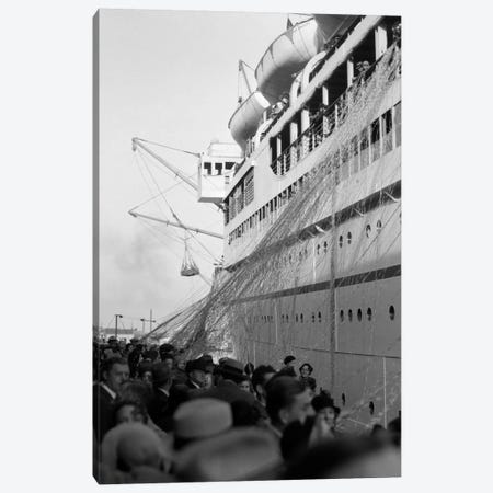 1930s Crowd Of People On Pier Wishing Bon Voyage To Sailing Traveling Passengers On Ocean Liner Cruise Ship Canvas Print #VTG95} by Vintage Images Canvas Art
