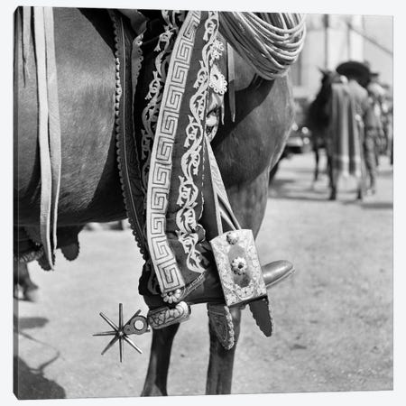 1930s Detail Of Traditional Charro Cowboy Costume Embroidered Chaps Spurs Leather Boots In Horses Stirrup Mexico Canvas Print #VTG96} by Vintage Images Canvas Artwork