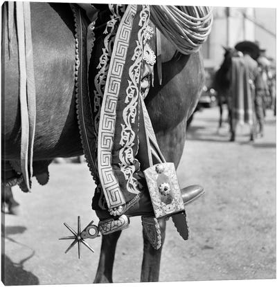 1930s Detail Of Traditional Charro Cowboy Costume Embroidered Chaps Spurs Leather Boots In Horses Stirrup Mexico Canvas Art Print - Cowboy & Cowgirl Art
