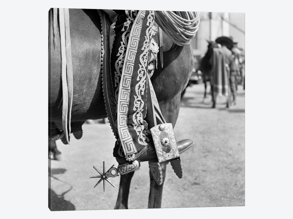 1930s Detail Of Traditional Charro Cowboy Costume Embroidered Chaps Spurs Leather Boots In Horses Stirrup Mexico by Vintage Images 1-piece Canvas Print