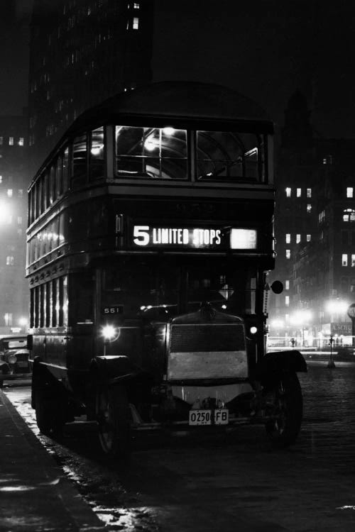 1930s Double Decker 5Th Avenue Bus At Night Near Flatiron Building New York City USA