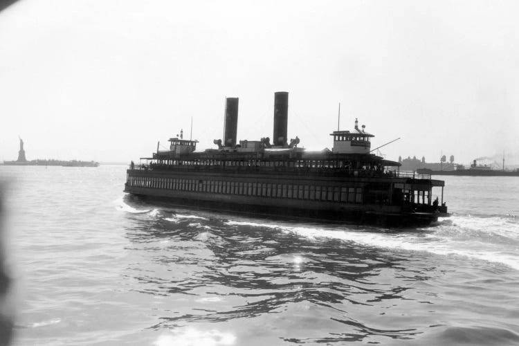 1930s Ferry Boat With Two Smoke Stacks Viewed From The Stern Statue Of Liberty On Horizon New York City Harbor USA