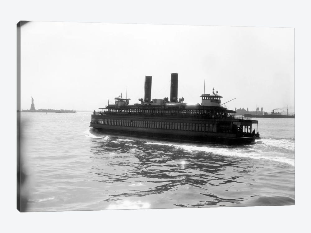1930s Ferry Boat With Two Smoke Stacks Viewed From The Stern Statue Of Liberty On Horizon New York City Harbor USA by Vintage Images 1-piece Canvas Art Print