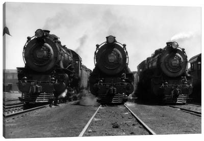 1930s Head-On Shot Of Three Steam Engine Train Locomotives On Tracks Canvas Art Print - By Land