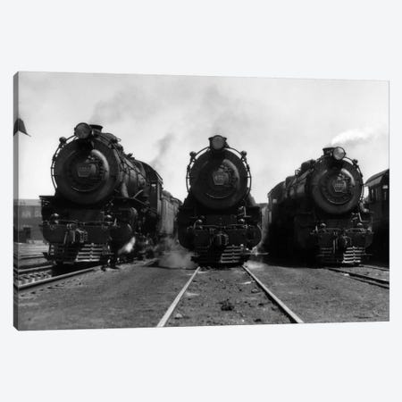 1930s Head-On Shot Of Three Steam Engine Train Locomotives On Tracks Canvas Print #VTG99} by Vintage Images Canvas Art Print