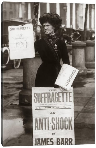 1900s British Suffragette Woman Distributing Literature Newsletter Flyer City Street Canvas Art Print - Human & Civil Rights Art