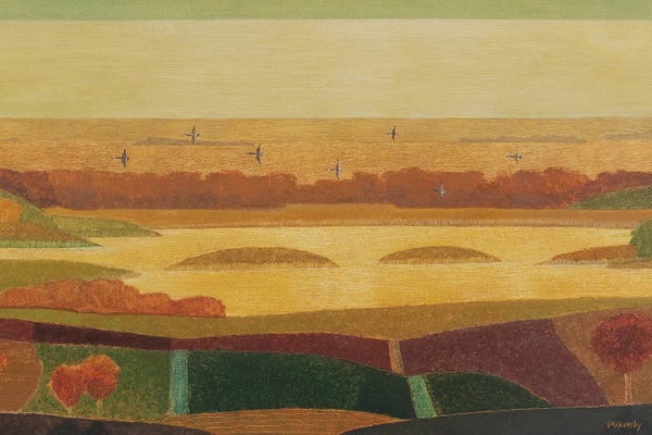 Patchwork Landscapes: Geese Flying Over Dunes by Vadim Vaskovsky