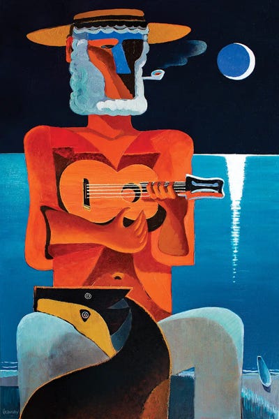 Ukulele Player With Dog by Vadim Vaskovsky metal wall art
