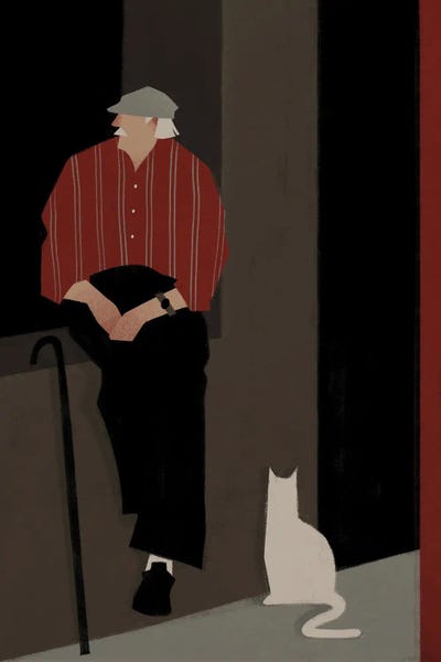 An Elderly Man With A Cat by Valeriya Simantovskaya art print