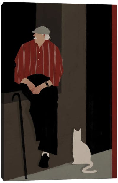 An Elderly Man With A Cat Canvas Art Print - Valeriya Simantovskaya