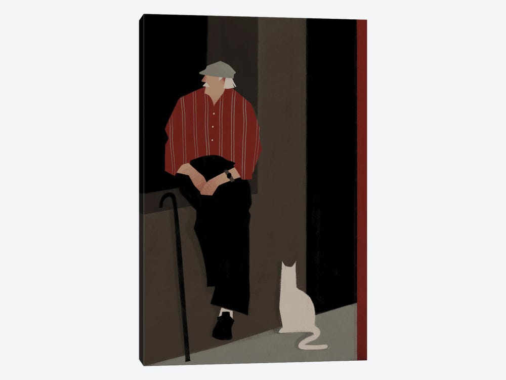 An Elderly Man With A Cat by Valeriya Simantovskaya 1-piece Canvas Print