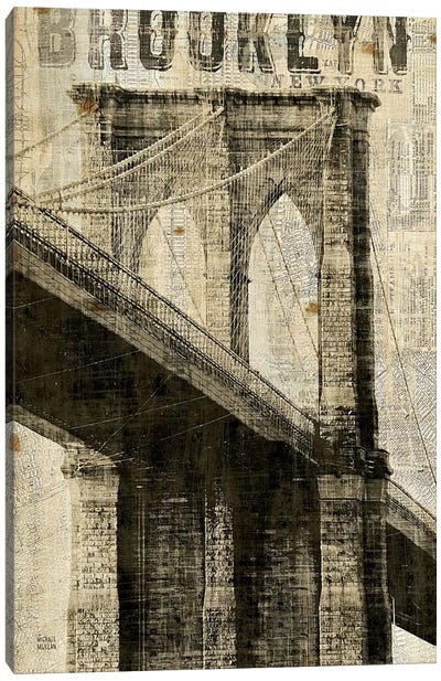 Vintage NY Brooklyn Bridge Canvas Art Print - Landmarks & Attractions