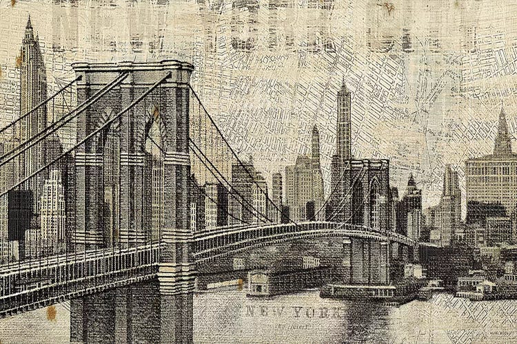 Vintage NY Brooklyn Bridge Skyline 