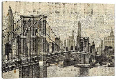 Vintage NY Brooklyn Bridge Skyline  Canvas Art Print - River, Creek & Stream Art