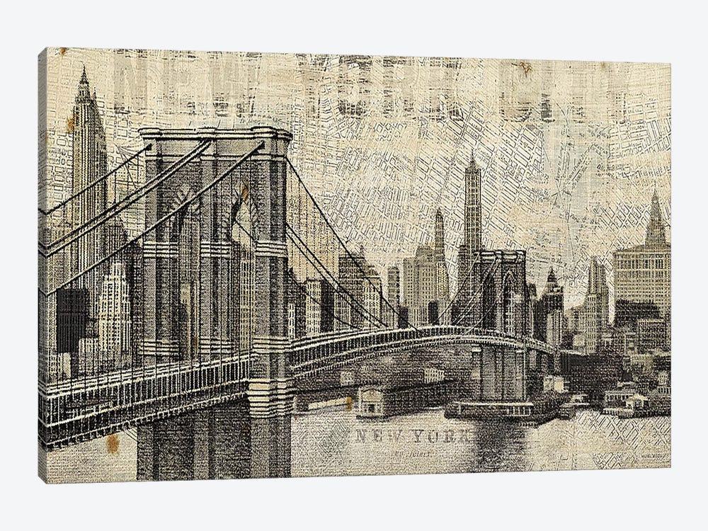 Vintage NY Brooklyn Bridge Skyline  by Michael Mullan 1-piece Canvas Print