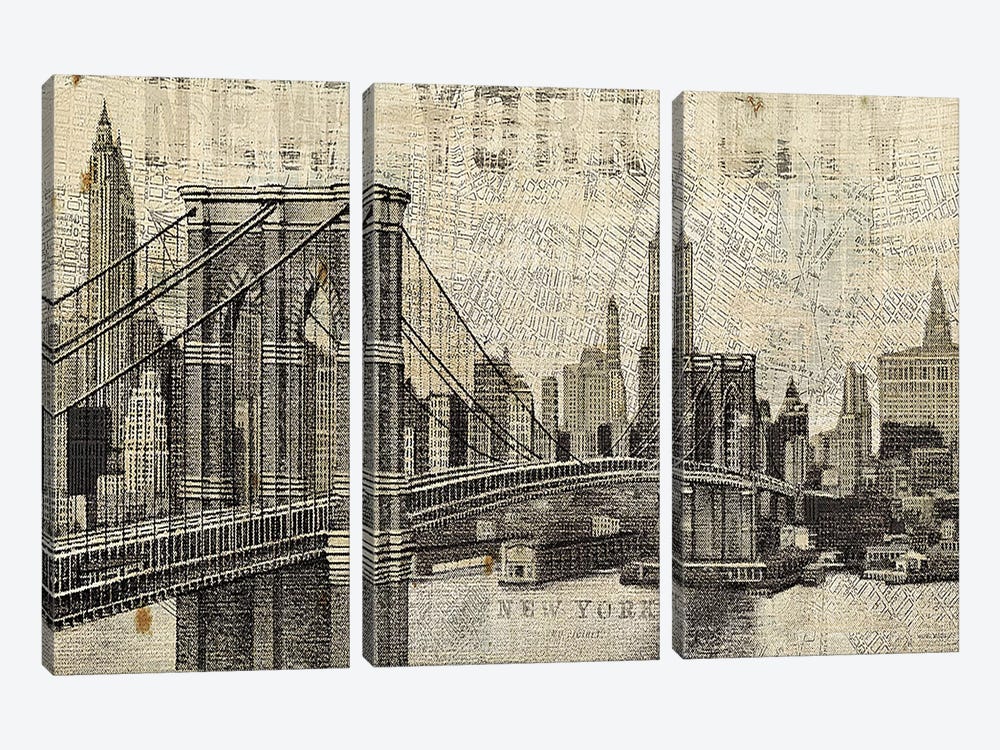 Vintage NY Brooklyn Bridge Skyline  by Michael Mullan 3-piece Canvas Art Print