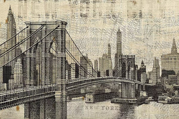 Michael Mullan: Vintage NY Brooklyn Bridge Skyline  by Michael Mullan