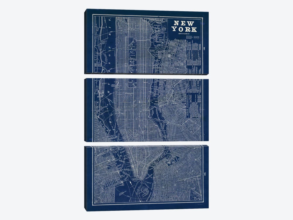Blueprint Map New York  by Sue Schlabach 3-piece Canvas Artwork