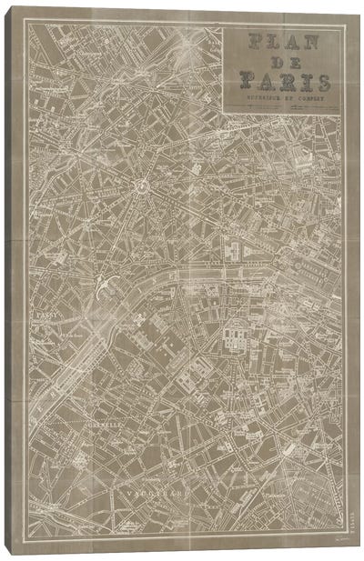 Blueprint Map Paris Taupe  Canvas Art Print - Natural Forms