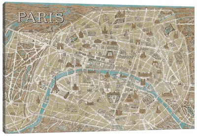 Monuments of Paris Map - Blue Canvas Art Print - Maps