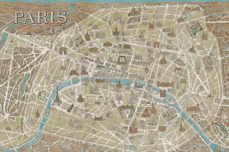 Monuments of Paris Map - Blue by Wild Apple Portfolio wall art