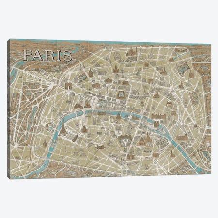Monuments of Paris Map - Blue Canvas Print #WAC1950} by Wild Apple Portfolio Canvas Print