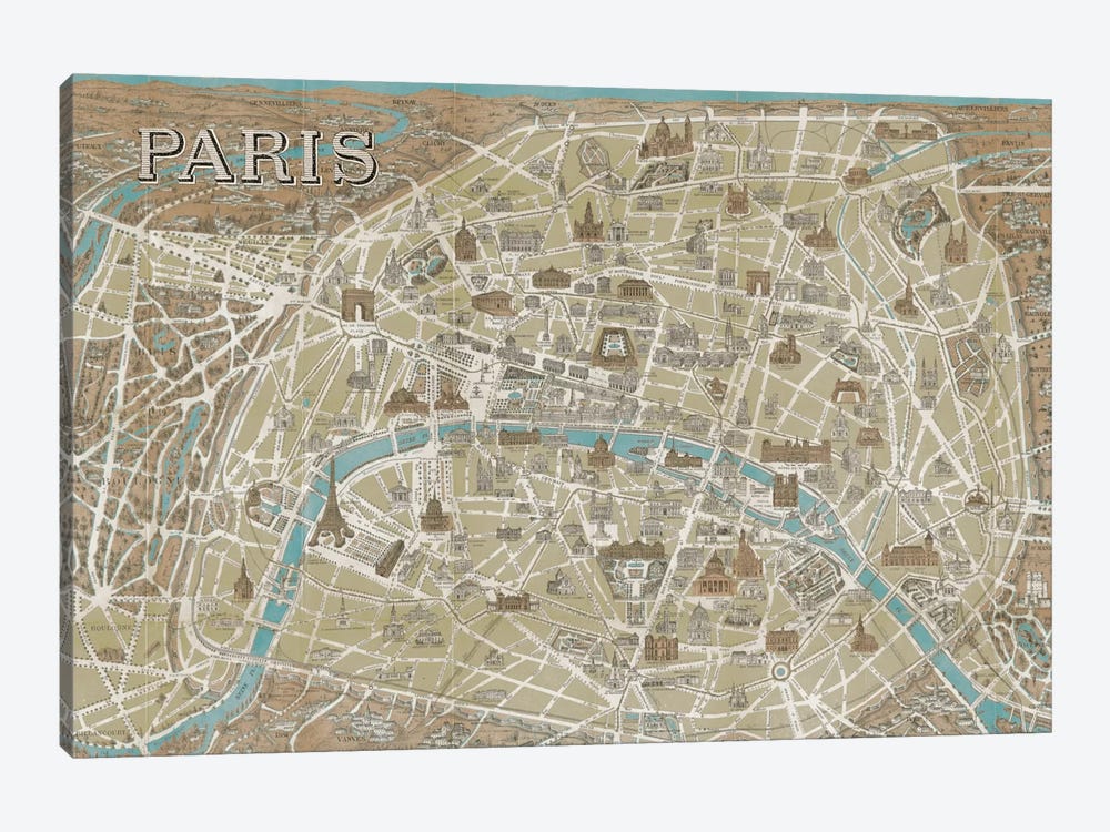 Monuments of Paris Map - Blue by Wild Apple Portfolio 1-piece Canvas Print