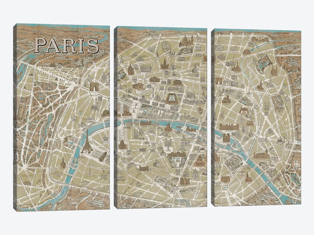 Monuments of Paris Map - Blue by Wild Apple Portfolio 3-piece Art Print